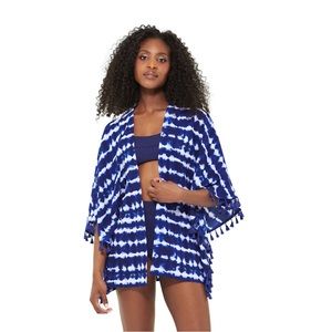 NWT Freshwater Tassel-Trim Swim Cover-Up Kimono Blue & White Size L